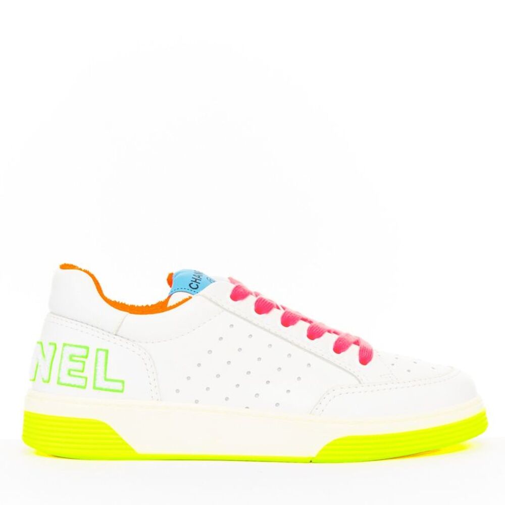 Chanel 2020 White Leather Neon Low Top Sneakers